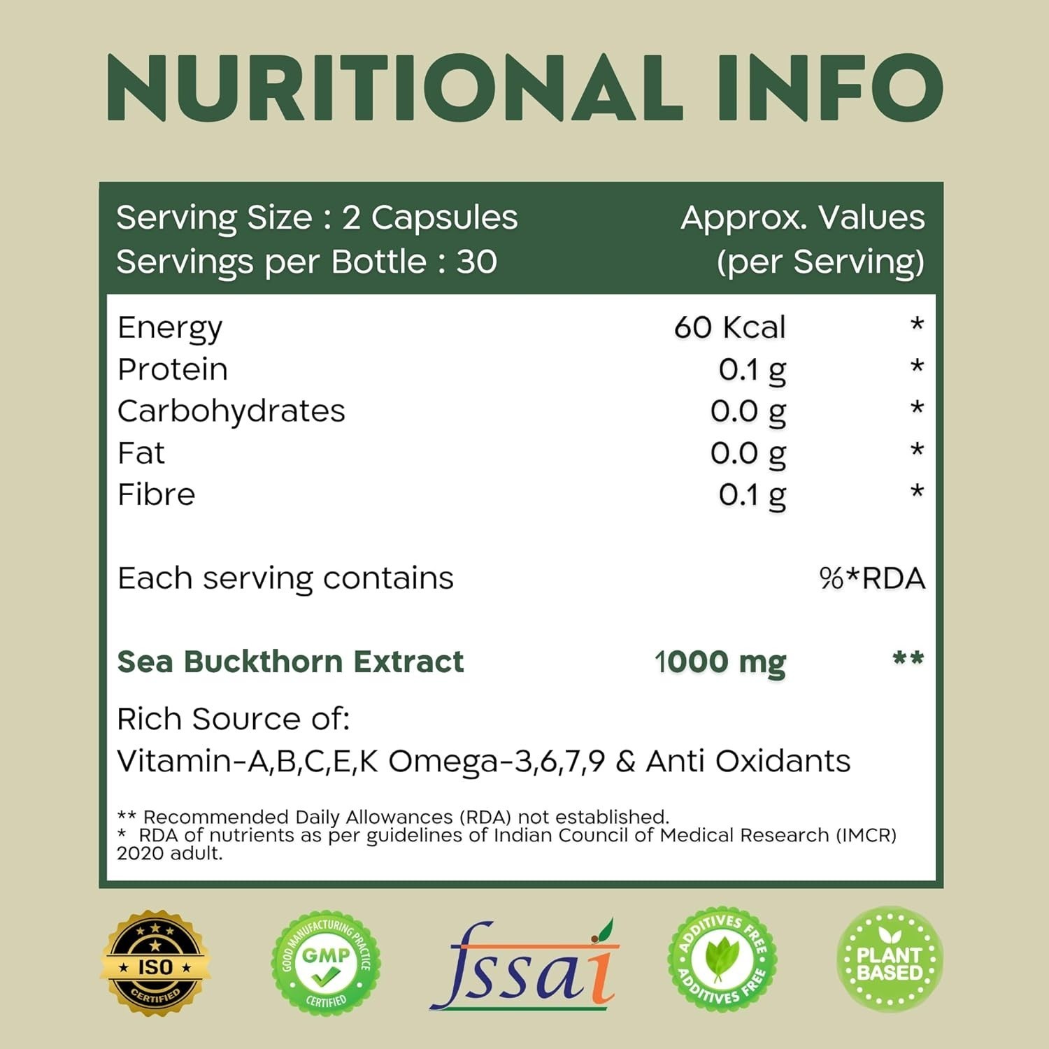 Nutrabud Sea Buckthorn Berry Powder Capsules 1000mg – 60 Caps Vitamin-A,C,E,K