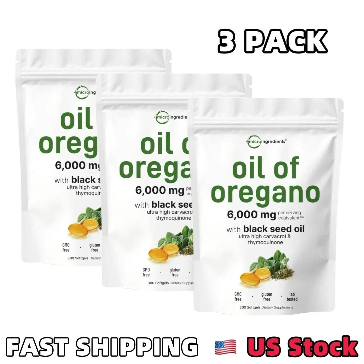 3 Pack Oil of Oregano with Black Seed Oil, 300 Softgels LATEST Microingredients.