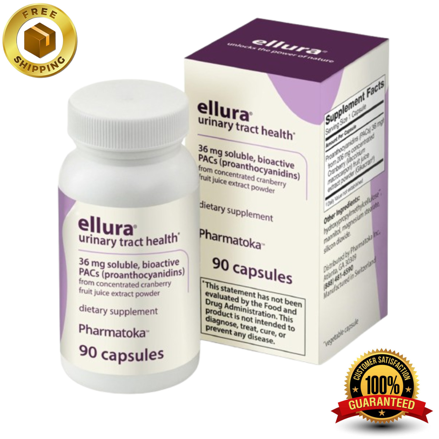 Ellura 36 mg Clinically Backed Cranberry Extract for Urinary Tract (90 Capsules)