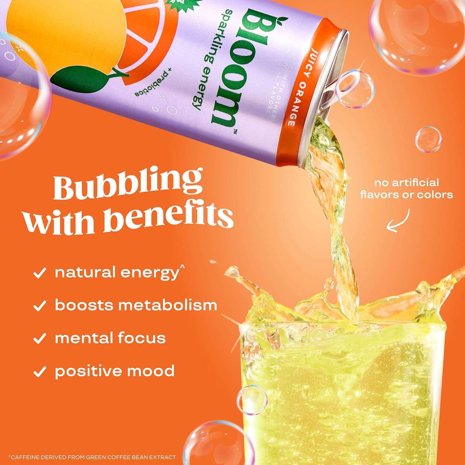 Bloom Nutrition Sparkling Energy Drink Zero Sugar Orange 12oz Prebiotic GreenTea