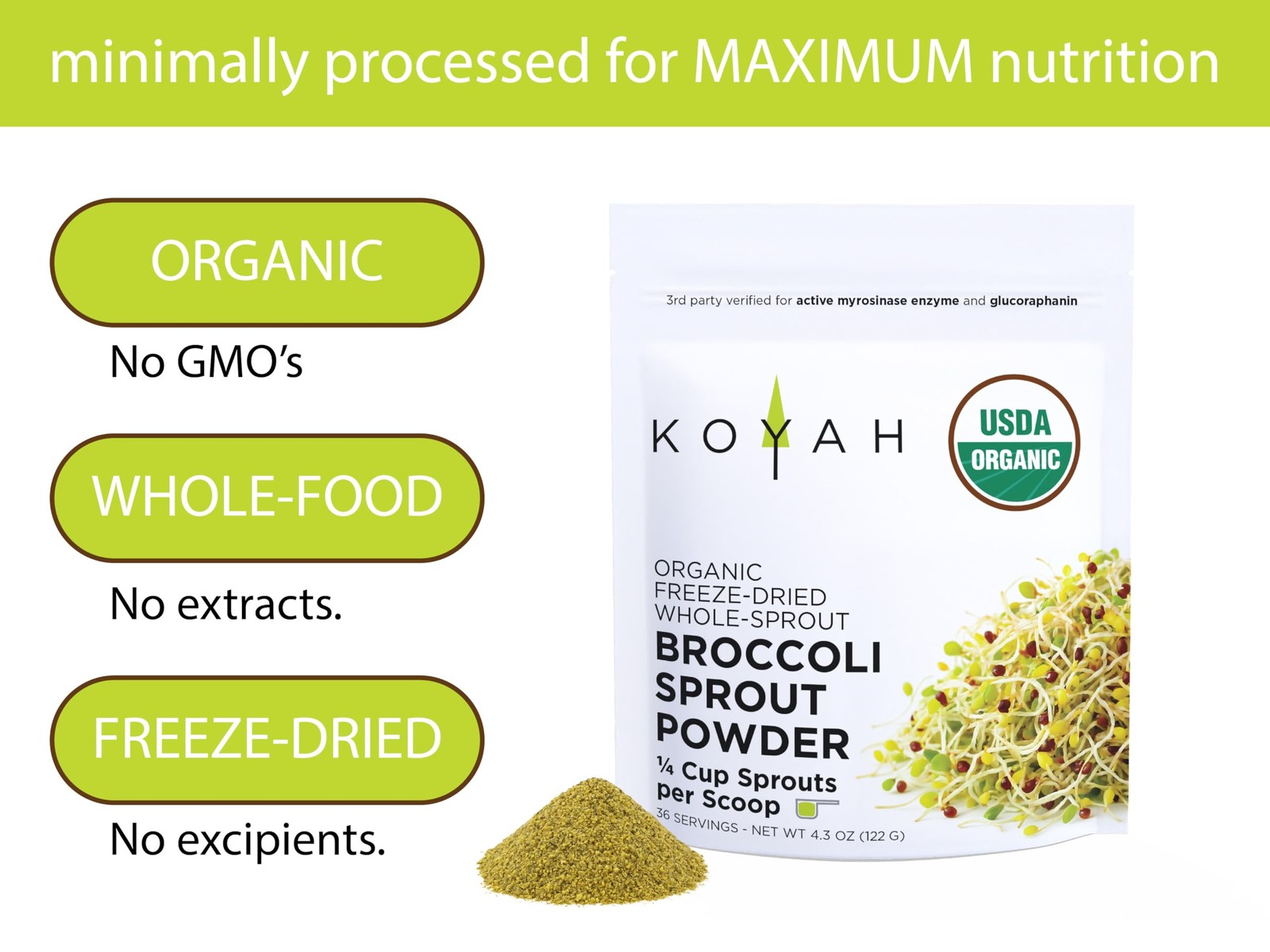 Organic USA Broccoli Sprout Powder Freeze-dried 36 Servings Active Myrosinase