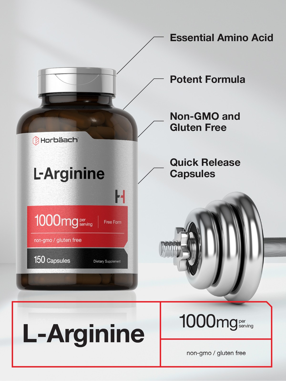 L Arginine 1000mg Capsules | 150 Count | Free Form | Non-GMO | by Horbaach