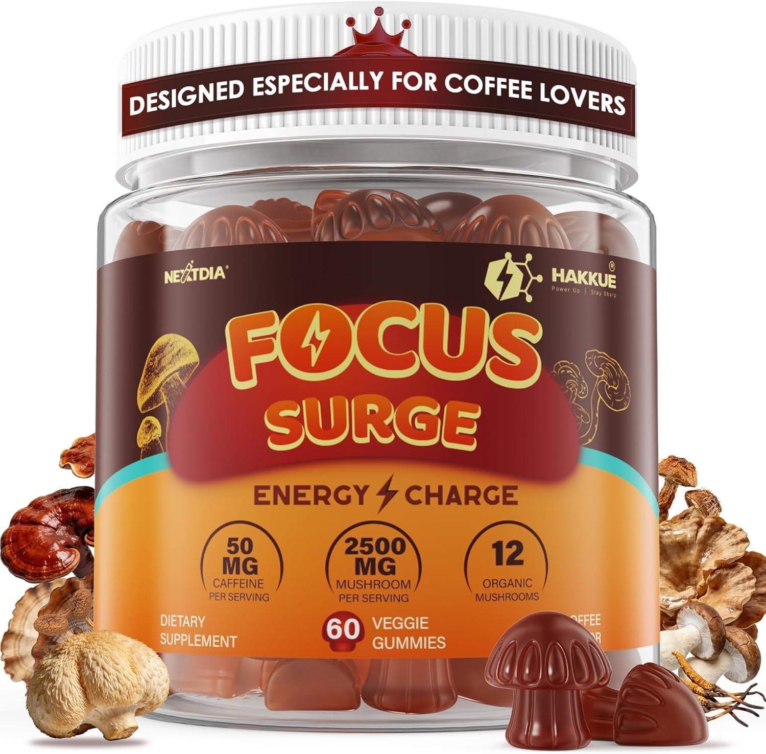 12-In-1 Mushroom Gummies w/ Lion’s Mane, Caffeine & L-Theanine, Nootropic Brain