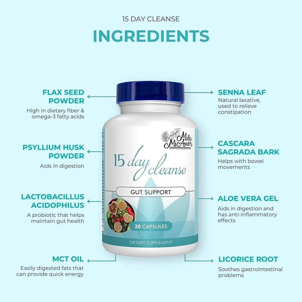 15 Day Cleanse Capsules Gut Colon Digestion Support Detox Psyllium Husk 30 Pills