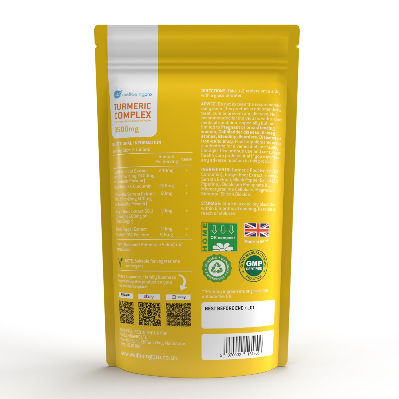 120 Turmeric 3500mg Tablets with 95% Curcumin Ginger Boswellia & Black Pepper
