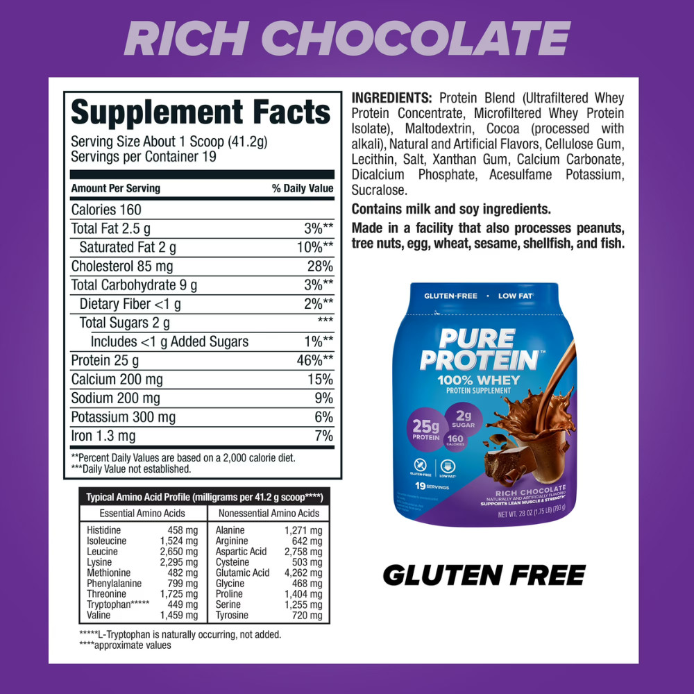 Pure Protein 100% Whey Protein Powder, Rich Chocolate, 25g Protein, 1.75 lb, NEW
