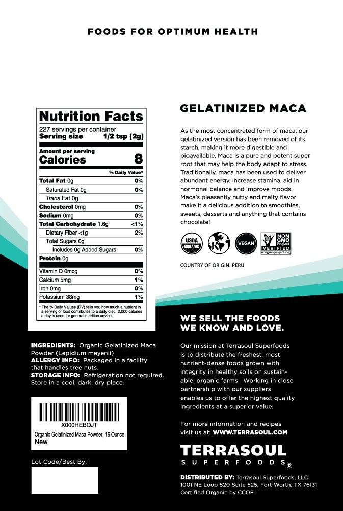 Terrasoul Superfoods Organic Gelatinized Maca Powder, 16 16 Ounce (Pack of 1)