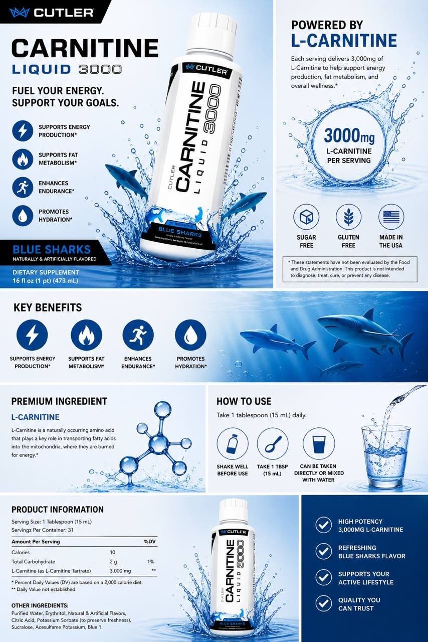 Cutler Nutrition Liquid Carnitine 3000mg Blue Sharks flavor SEALED