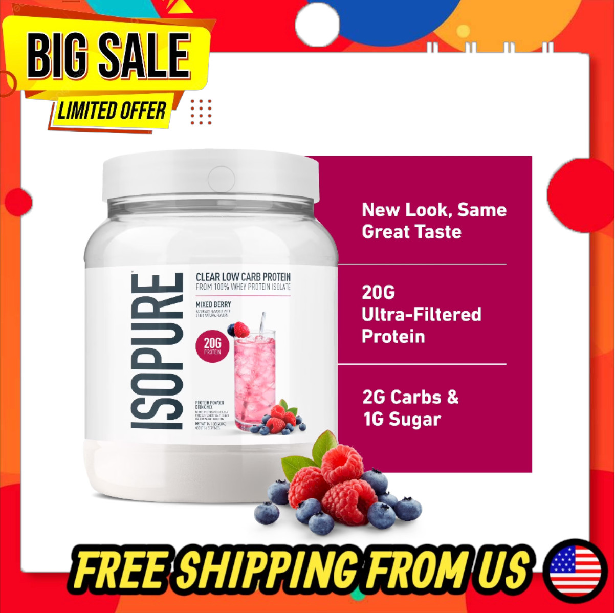 Isopure Clear Whey Protein Isolate Powder, Mixed Berry, 20g Protein (16 SV)