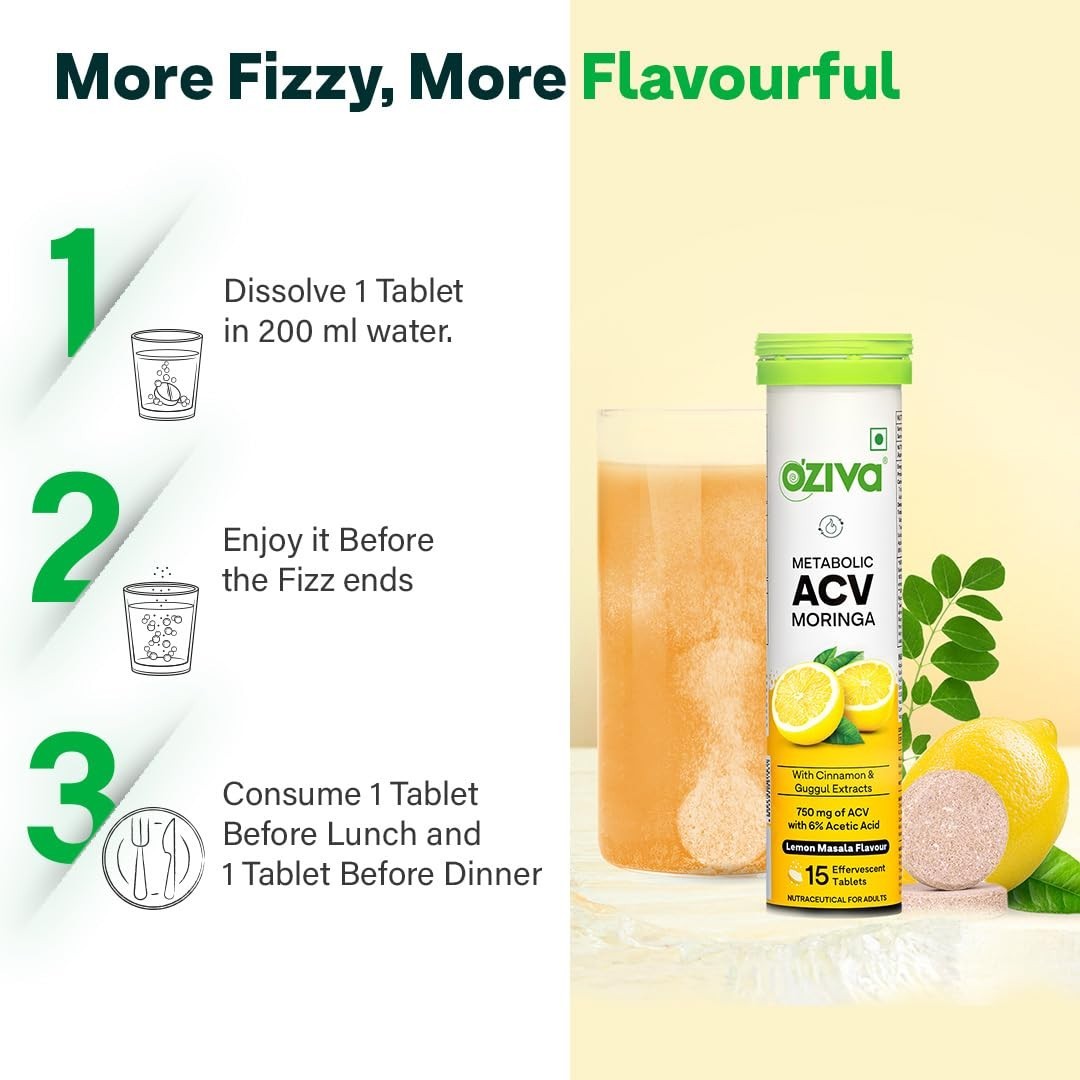 OZiva ACV Moringa Lemon Masala & Green Apple, Pack of 2 (30 Tablets) Fast Ship