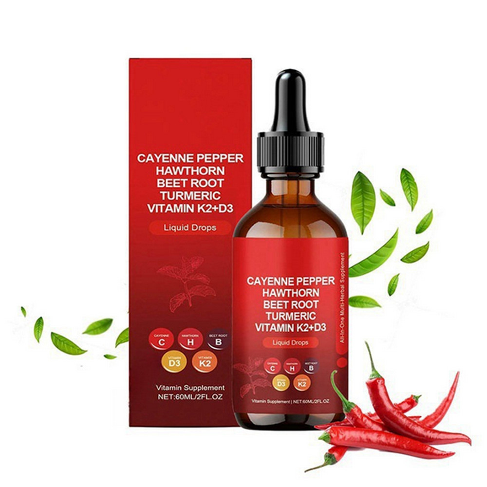 60ML Cayenne Pepper Hawthorn Beet Root Turmeric Vitamin K2+D3 Liquid Drops Top