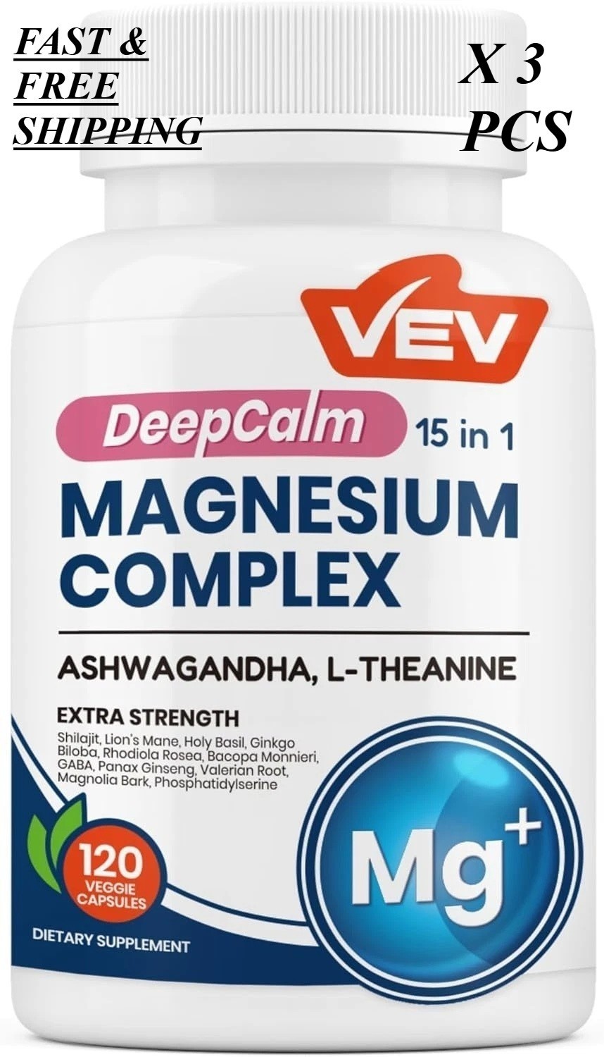 2 BOTTLES-NEW VEV DeepCalm 15 in 1 Magnesium Glycinate&Citrate Complex Capsules