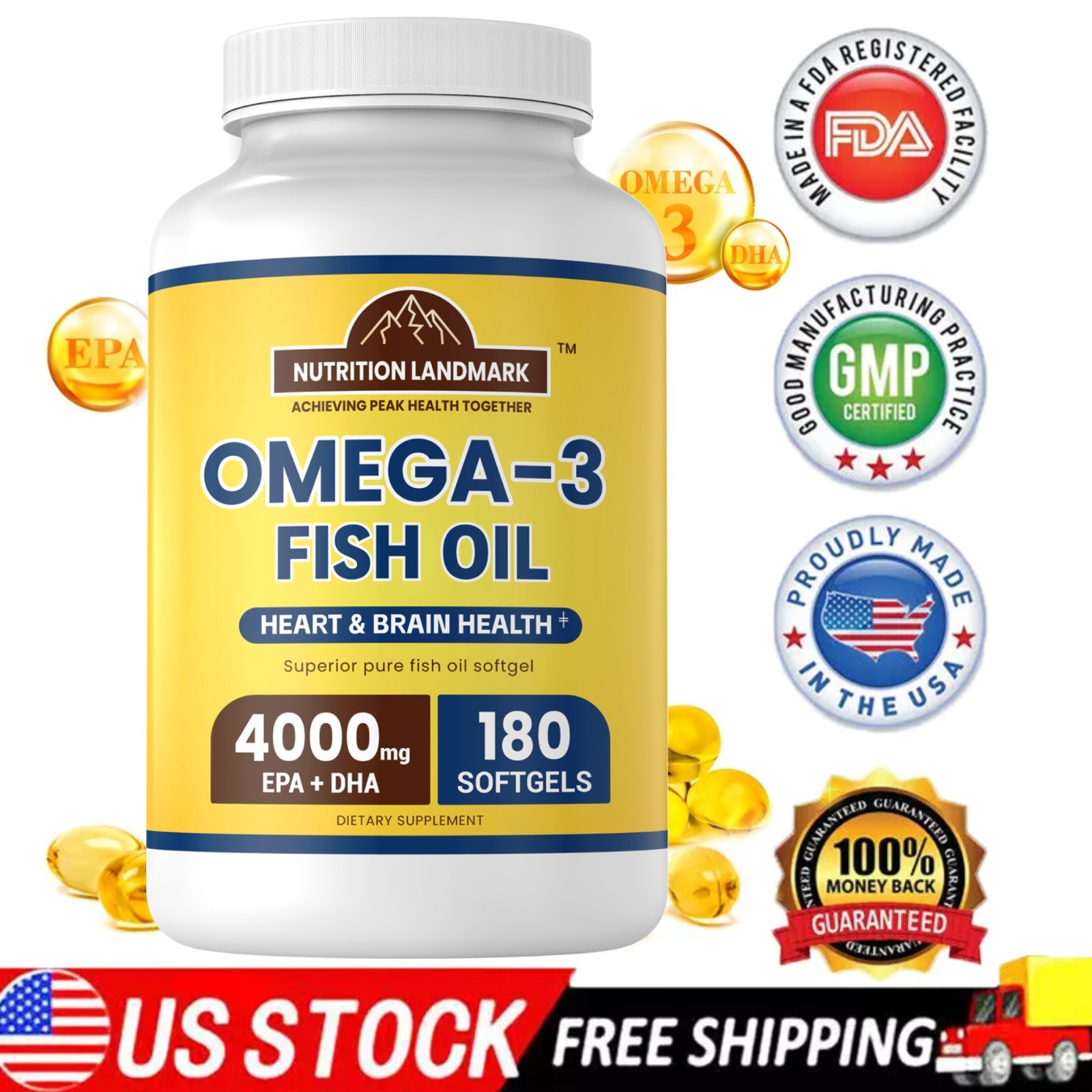 Fish Oil 4000mg, 180 Softgels, Fish Oil Omega 3 Supplement For Heart Health