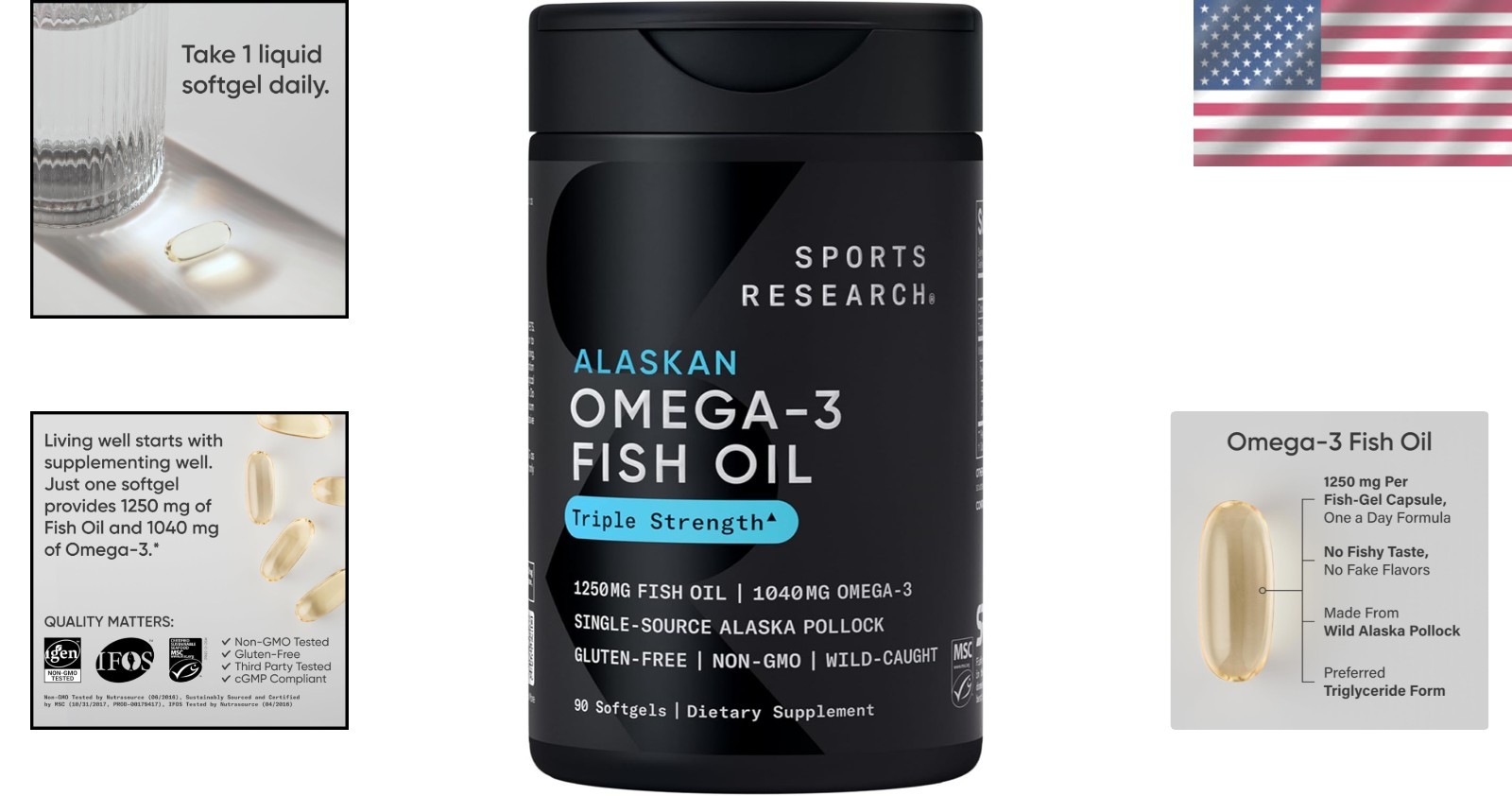 Wild Alaska Pollock Omega-3 Fish Oil 1250mg – Eco-Friendly, Gluten-Free Softgels