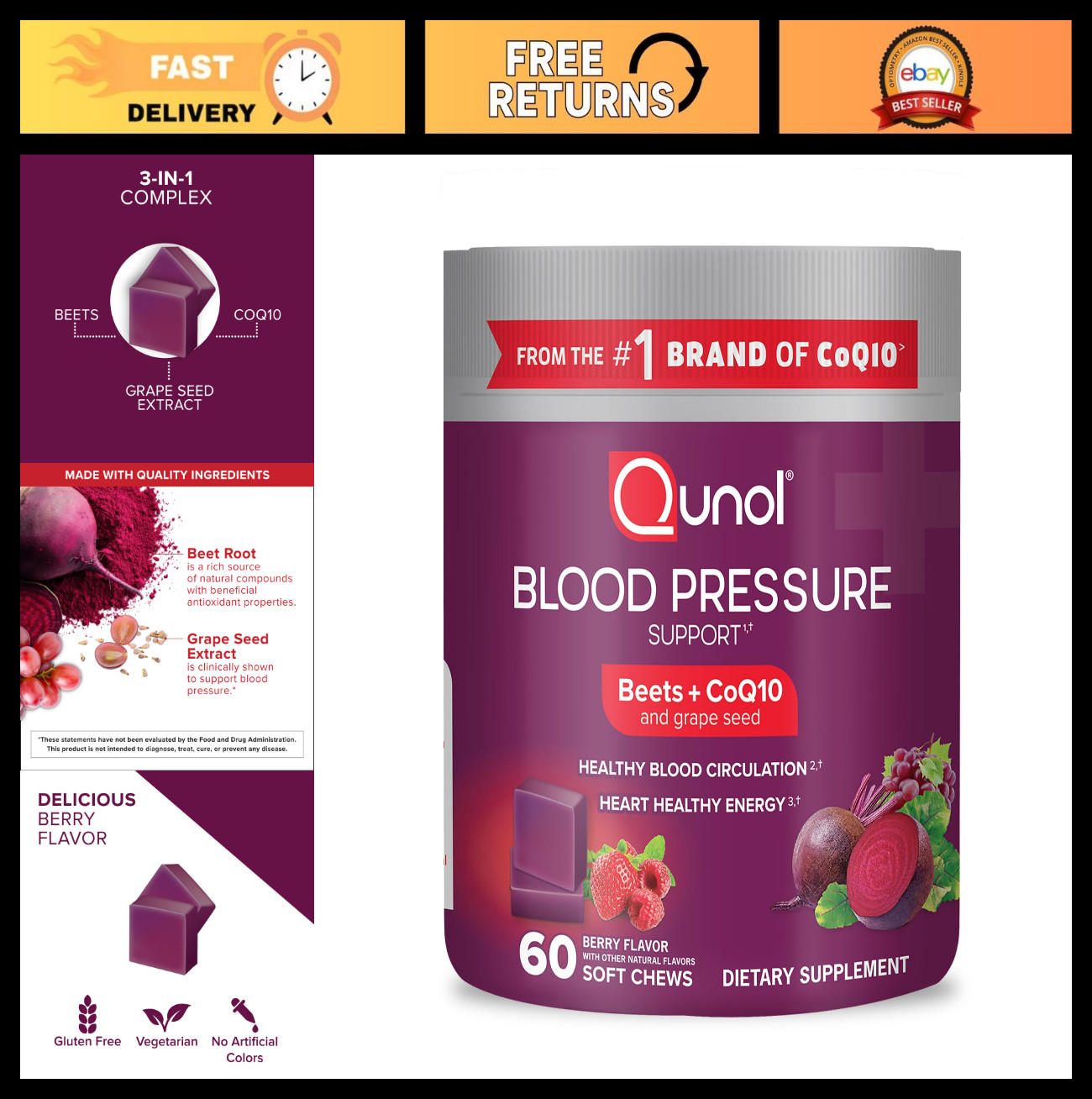 Beet Chews for Blood Pressure Support – 3-in-1 CoQ10 & Grape Seed Extract, 60 Ch