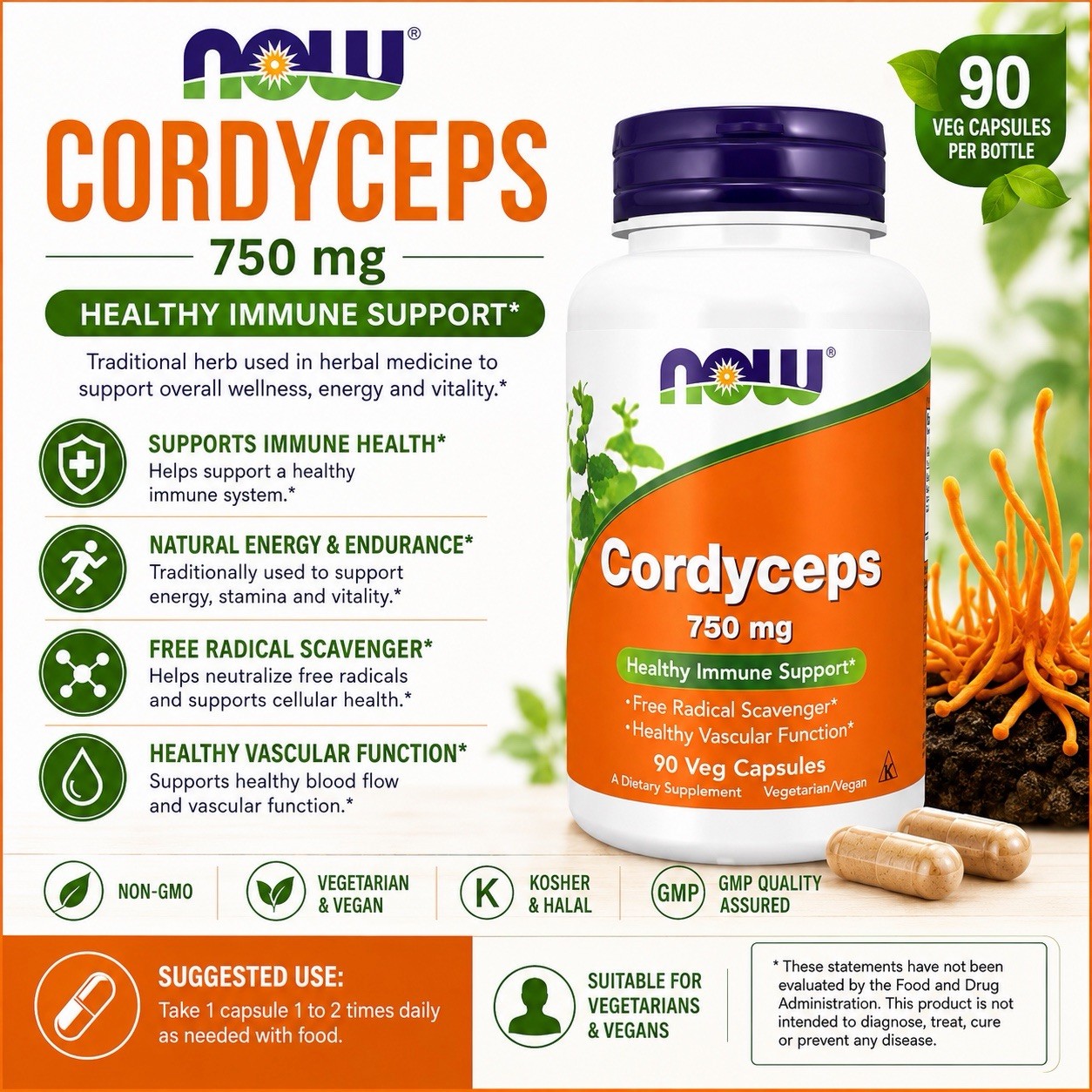 NOW Foods Cordyceps 750mg 90 Veg Capsules Immune Support