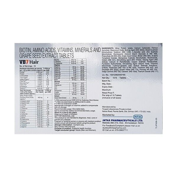 VB7 Hair (30 Tablets) with Biotin Minimize Hair fall, Reverse Greying of Hair