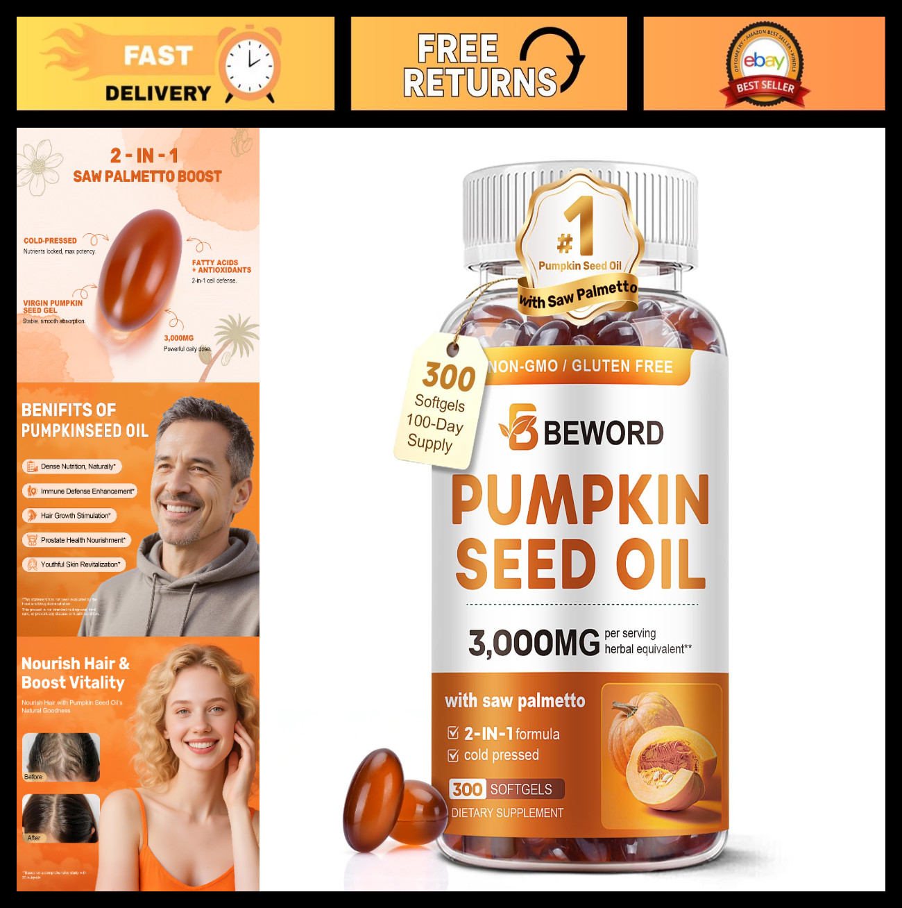 Pumpkin Seed Oil & Saw Palmetto Softgels 3000mg – 300 Count | Cold-Pressed, Non-