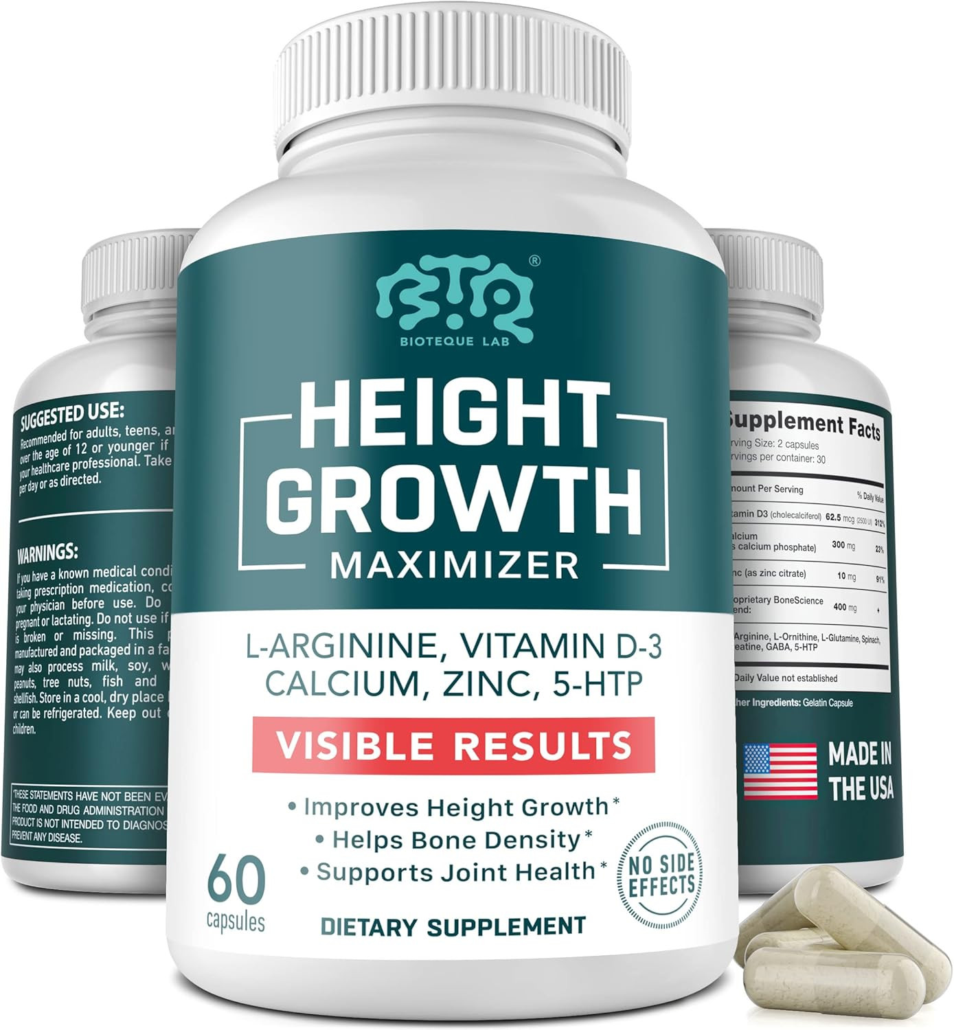 Height Growth Maximizer, Calcium, Vitamin D3 and Zinc Blend Pills, Bone Growth S
