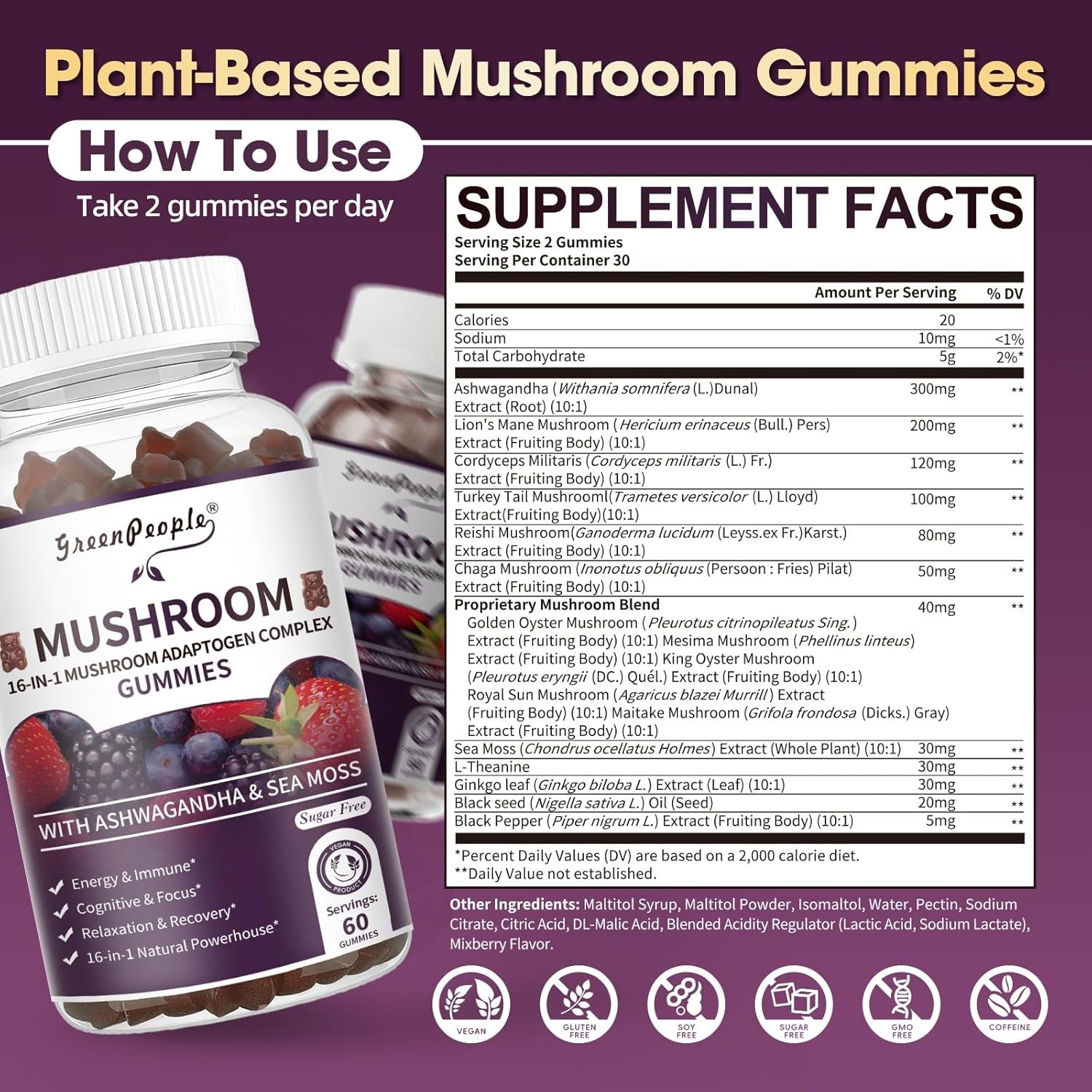 GREENPEOPLE (2-PACK) Mushroom Gummies w/Ashwagandha, Lions Mane, Cordyceps Chaga