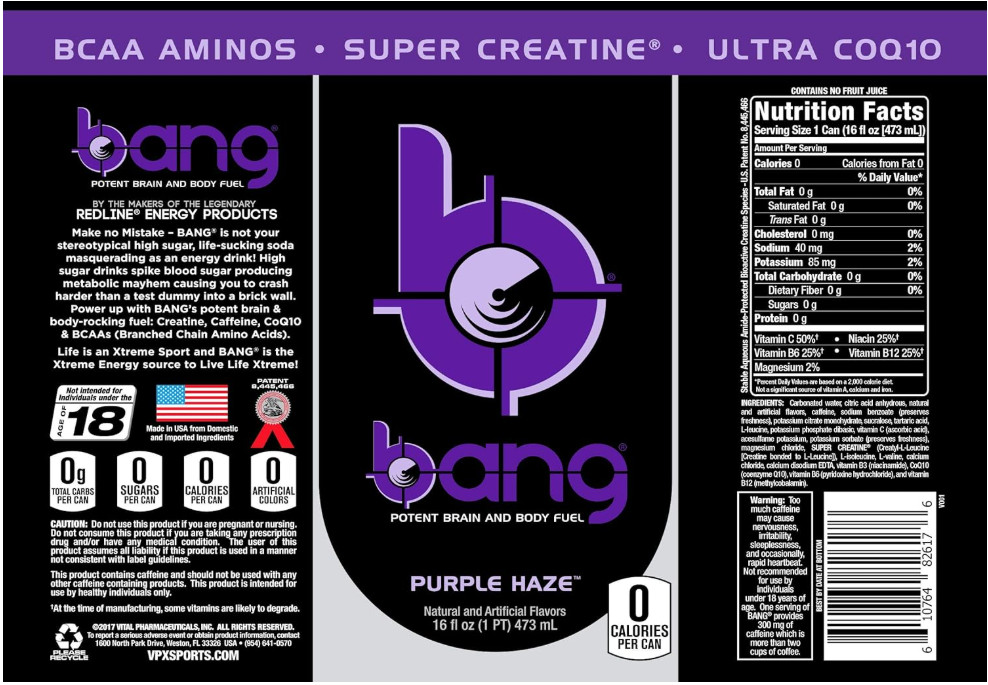 Bang Energy Purple Haze, Sugar-Free Energy Drink, 16 Ounce (Pack of 12)