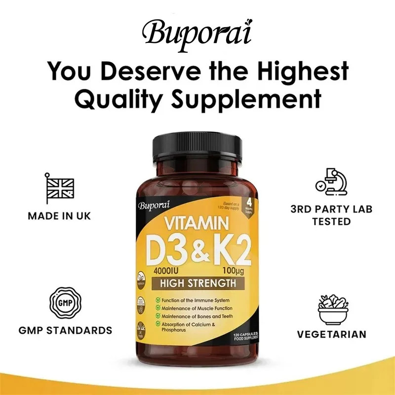 Vitamin D3 and K2 120pcs, Regulate Calcium Metabolism, Joints and Bones Health