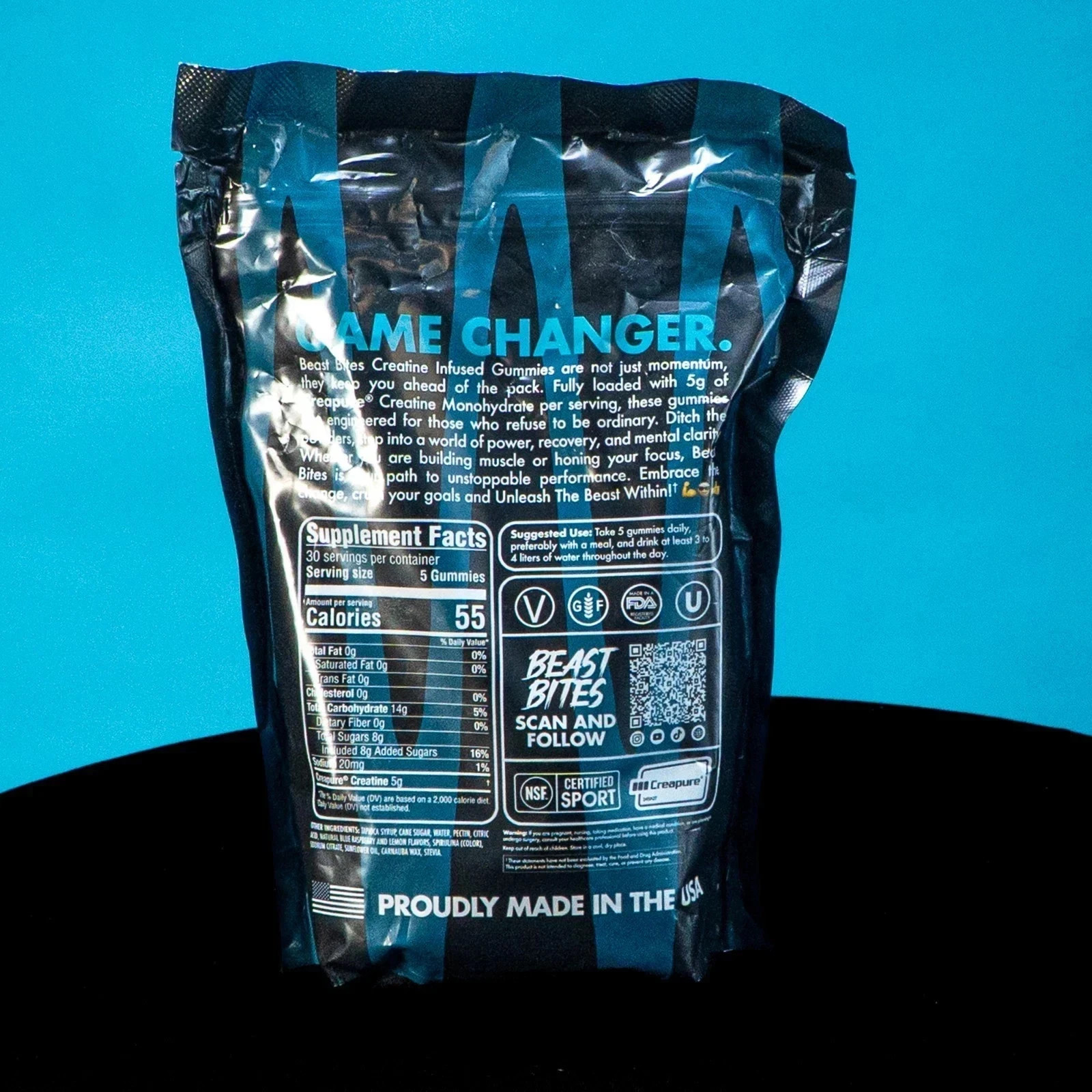 Creatine Infused Gummies by Beast Bites – Blue Raspberry (150 Servings) Premium