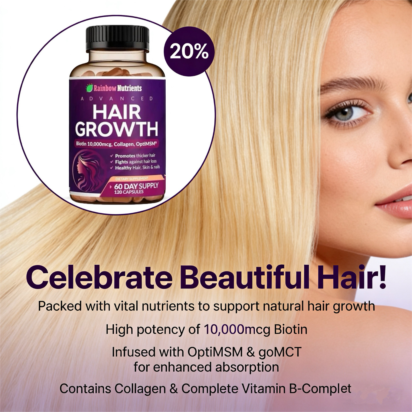 Rainbow Nutrients Hair Growth Vitamins w/ Biotin 10,000mcg &Collagen 120Capsules