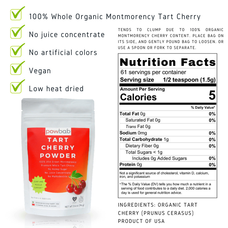 powbab Tart Cherry Powder-100% USA Montmorency Organic Whole Tart Cherry (3.4oz)