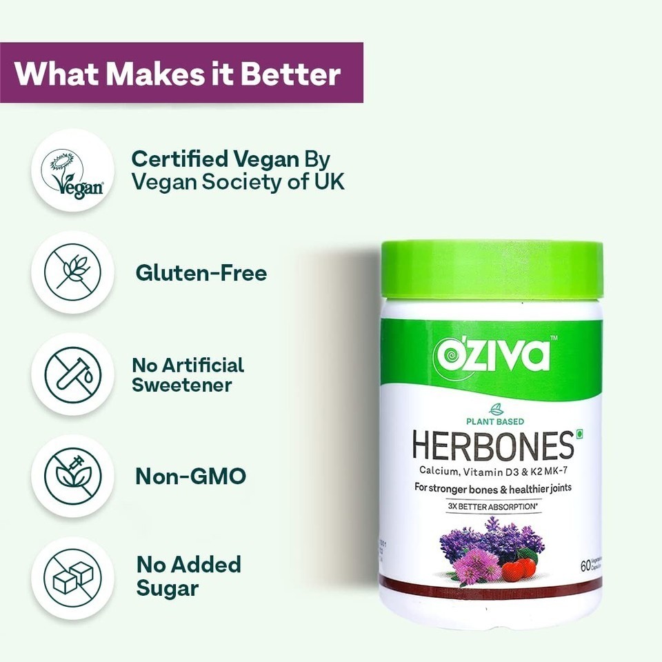 OZiva Plant Based HerBones Healthy Bones Supplement Certified Vegan – 60 Cap