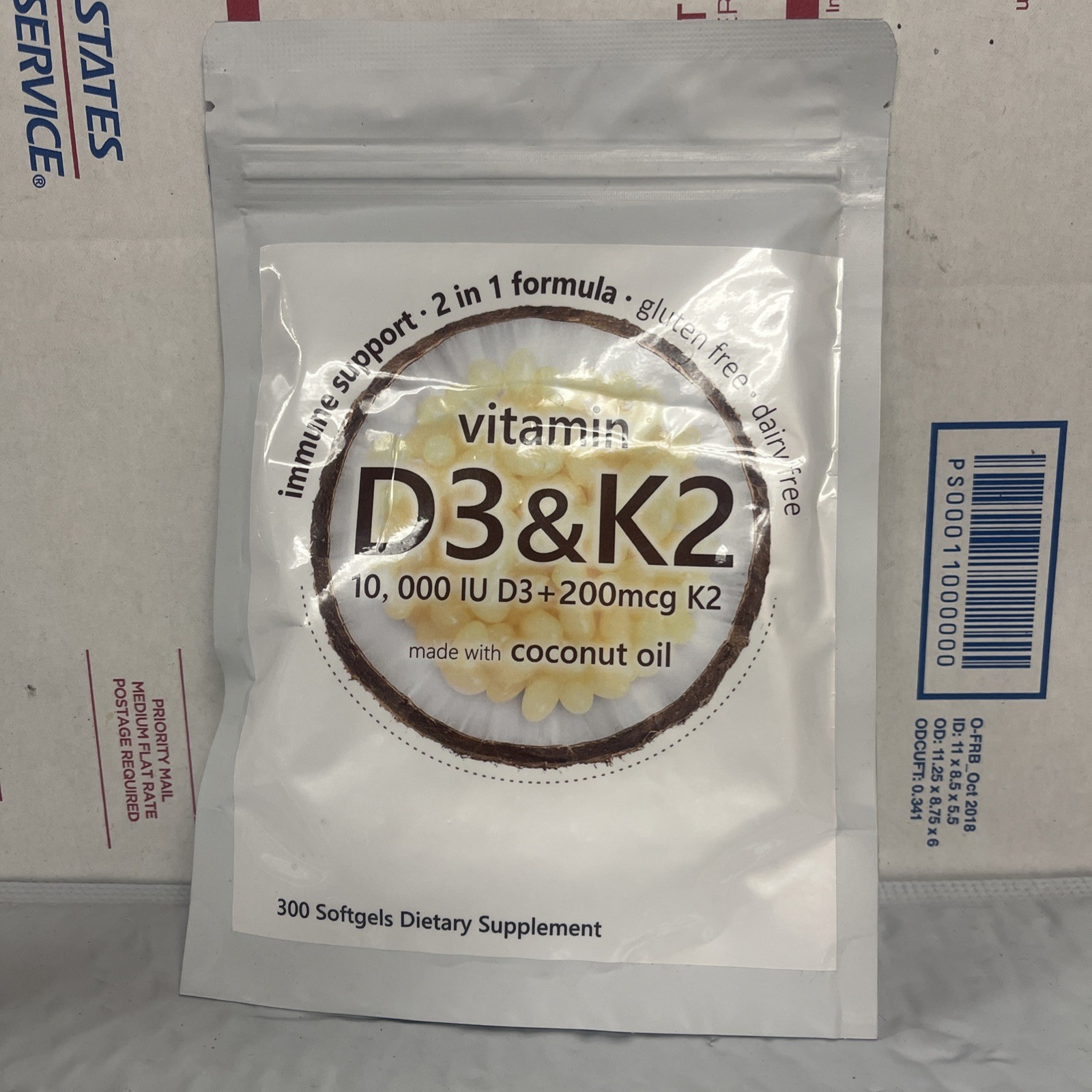 Vitamin D3 10000 iu Plus K2 (MK-7) 200 mcg, 300 Virgin Coconut Oil Softgels 2027