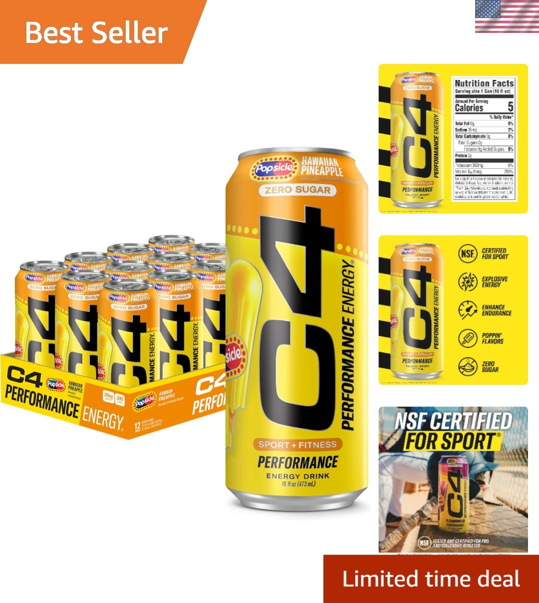 Hawaiian Pineapple C4 Performance Energy Drink – 12 Pack, 200mg Caffeine,