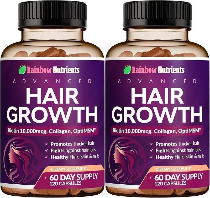 Rainbow Nutrients Hair Growth Vitamins w/ Biotin 10,000mcg &Collagen 120Capsules