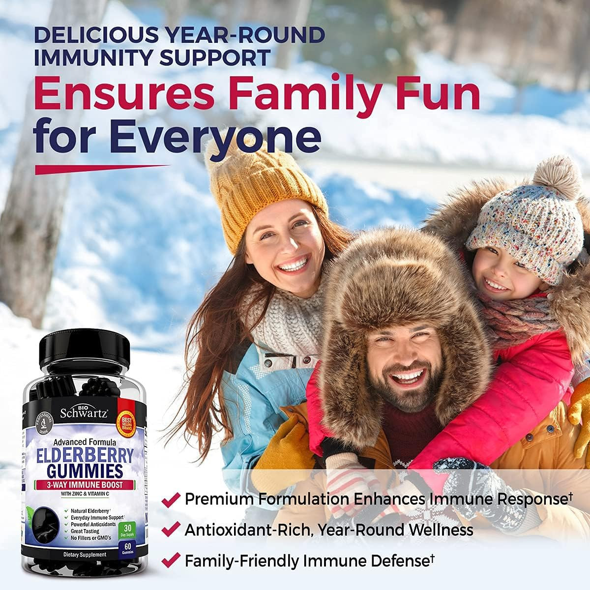 BioSchwartz Elderberry Gummies, with Zinc and Vitamin C for Immune Support, 60Ct