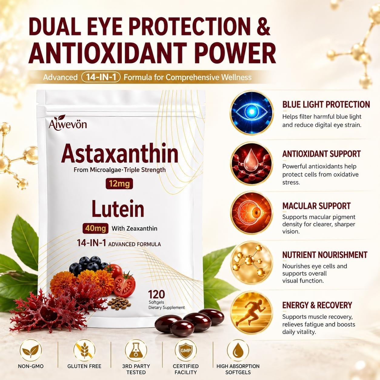 14-in-1 Astaxanthin 24mg & Lutein 40mg with Zeaxanthin Supplements