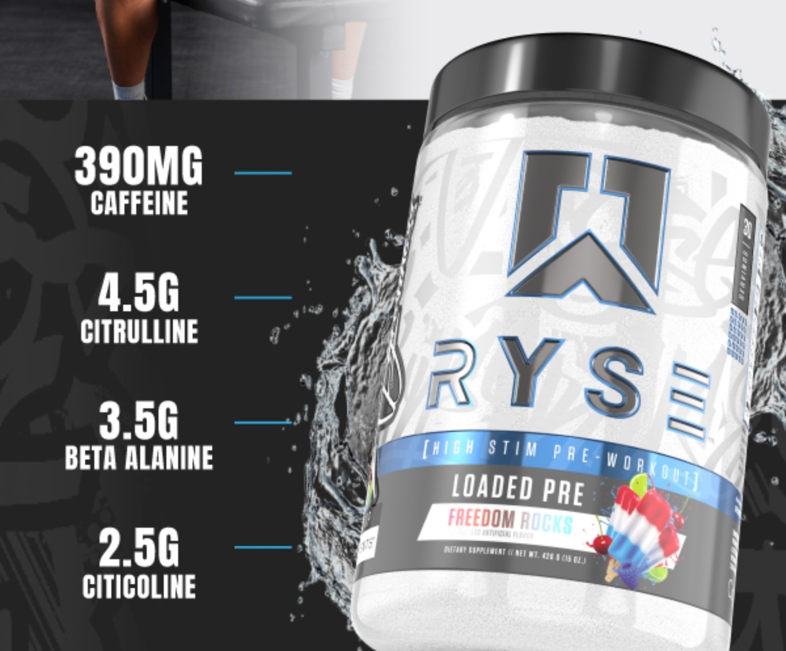 Ryse LOADED PRE-WORKOUT 15 oz Size (30 Servings ) Freedom Rocks BEST BY 09/26