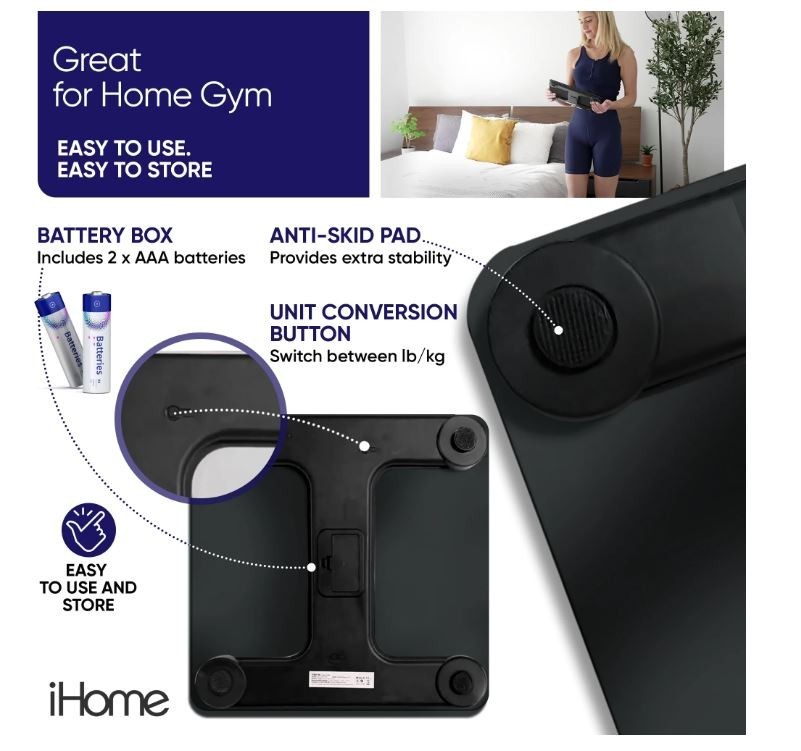 iHome Digital Battery Powered Bathroom Scale 397 lbs FSA and HSA Eligible, Black