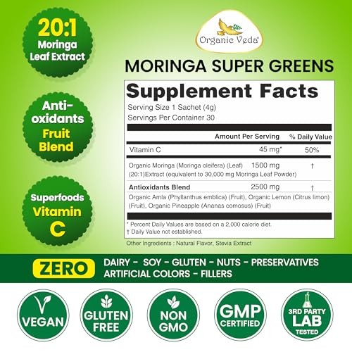 Organic Veda Moringa Super Greens 30 Sticks Drink Mix