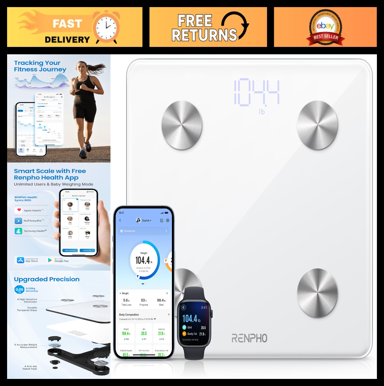 Digital Bathroom Scale with BMI, Body Fat & Muscle Mass – Bluetooth Smart Scale