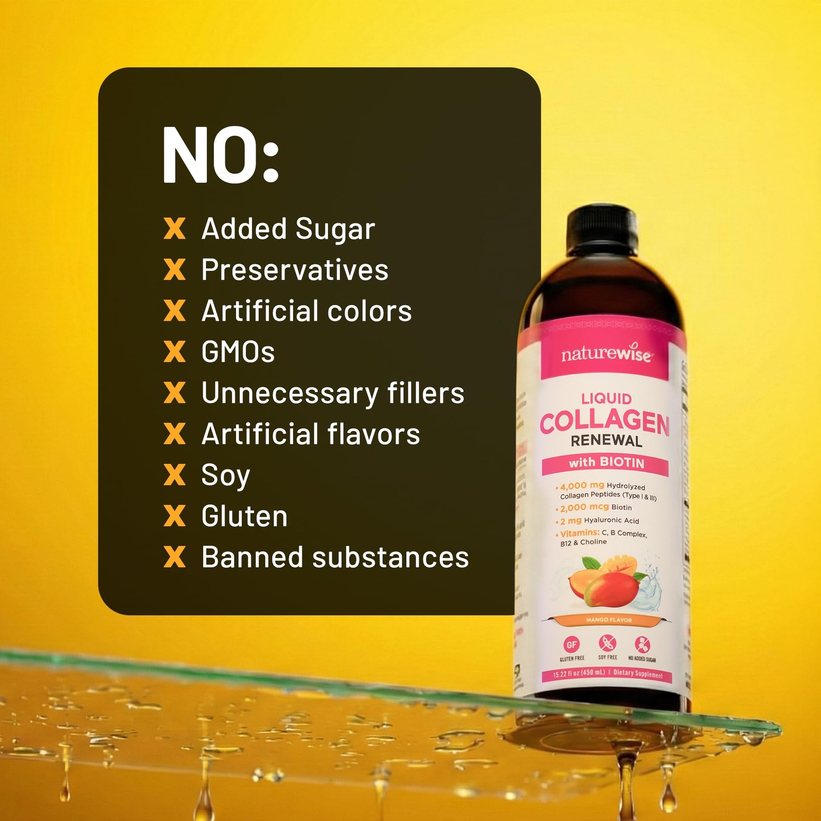 NatureWise Hydrolyzed Liquid Collagen for 15.22 Fl Oz (Pack of 1), Yellow
