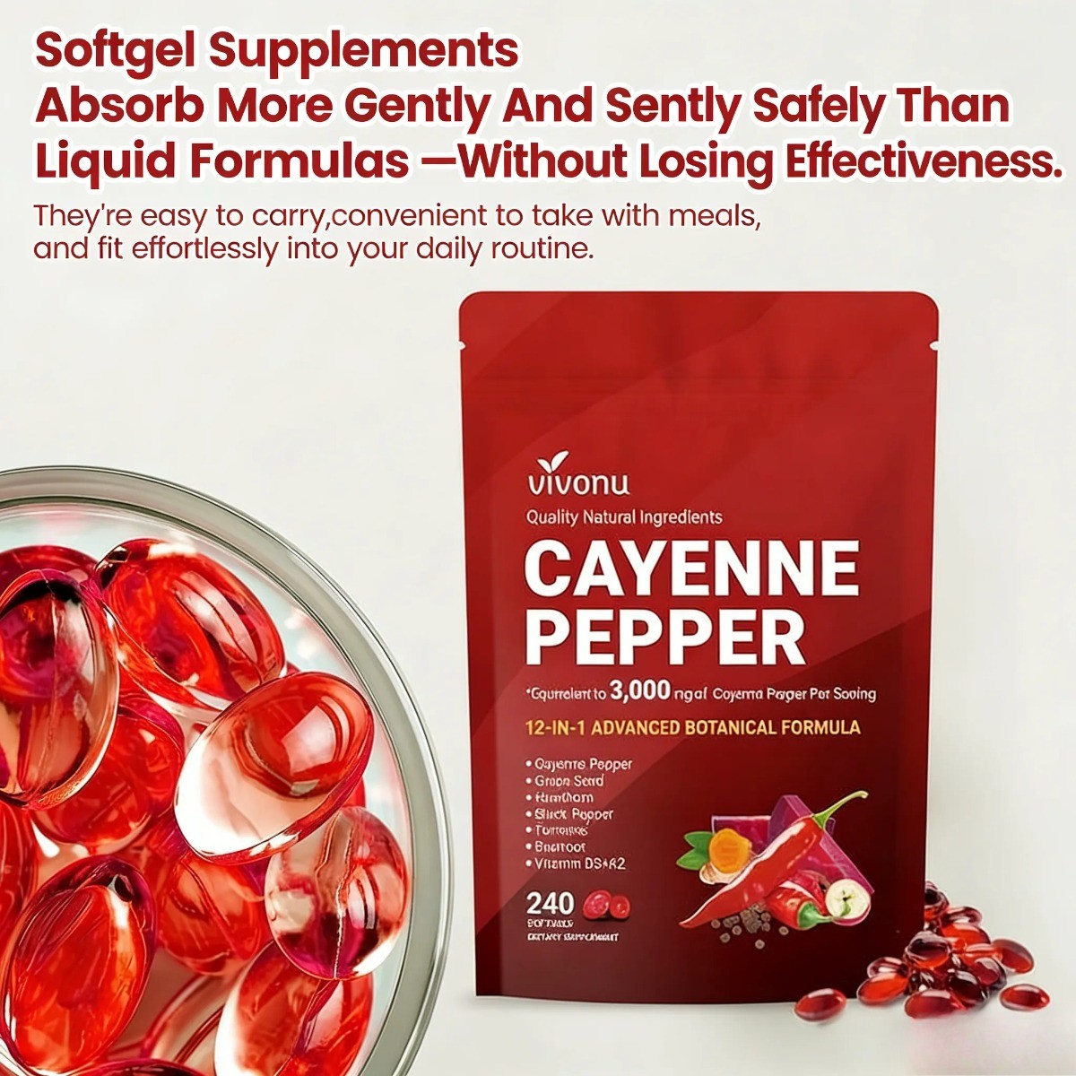 US Cayenne Pepper Softgels for Leg Vein & Circulation Support ,Vascular Health