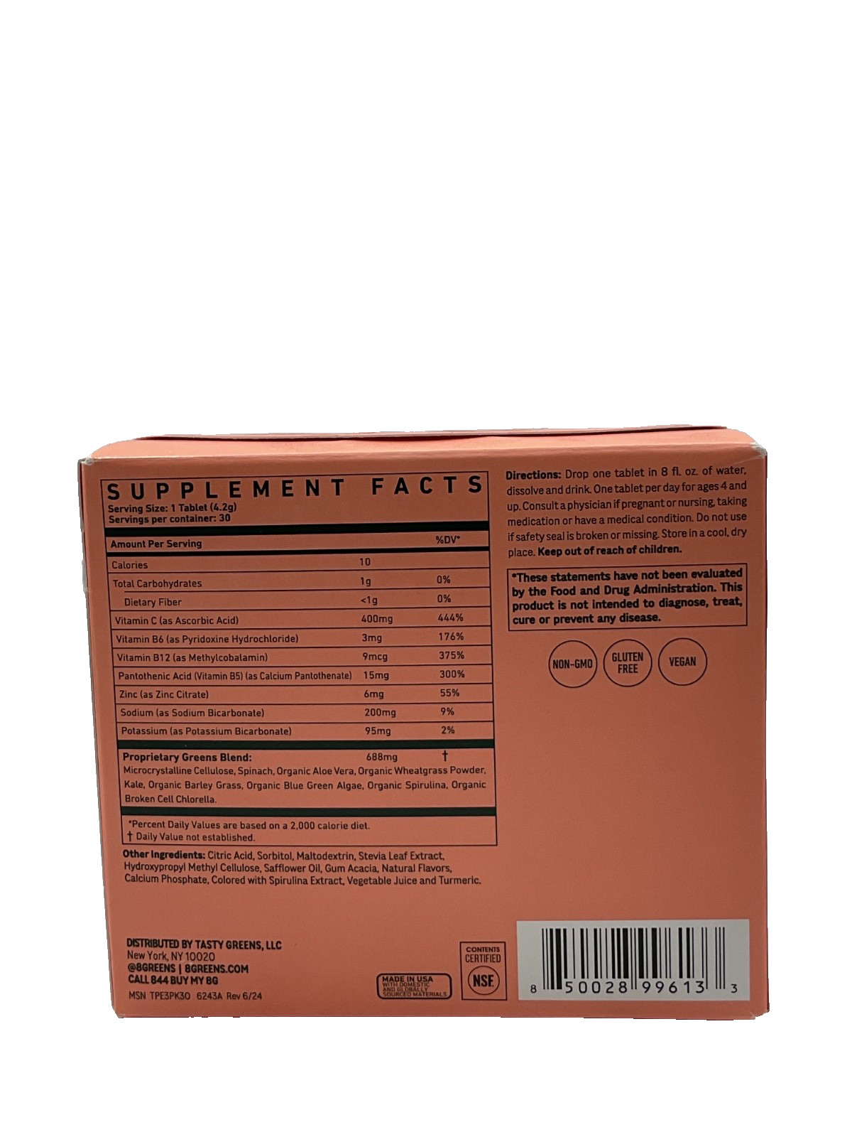 8Greens Daily Greens Effervescent Tablets – Peach- 30 Tablets Exp 06/2027