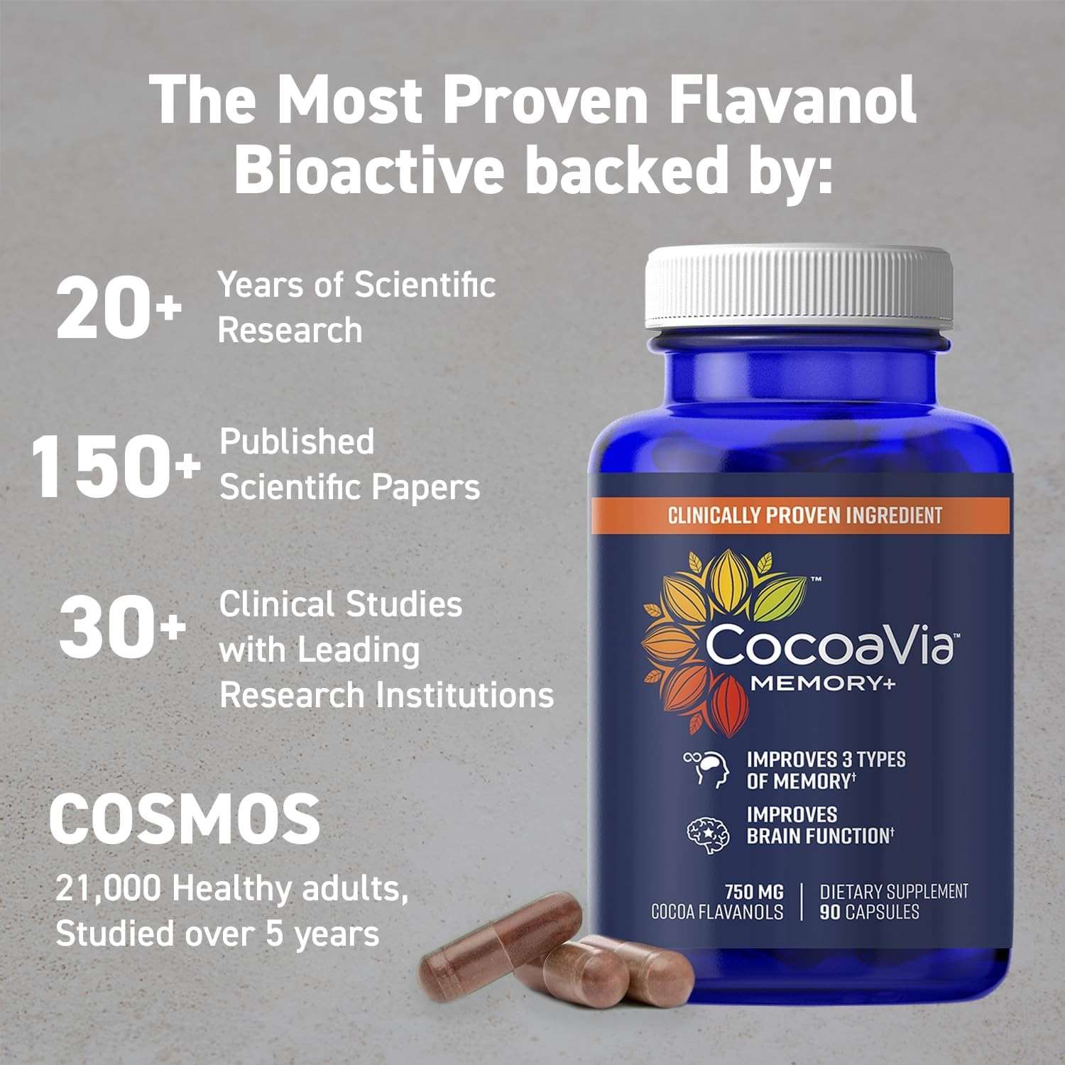 CocoaVia Memory+ Brain Supplement, 60 Day, 750 mg Cocoa 90 Count (Pack of 2)