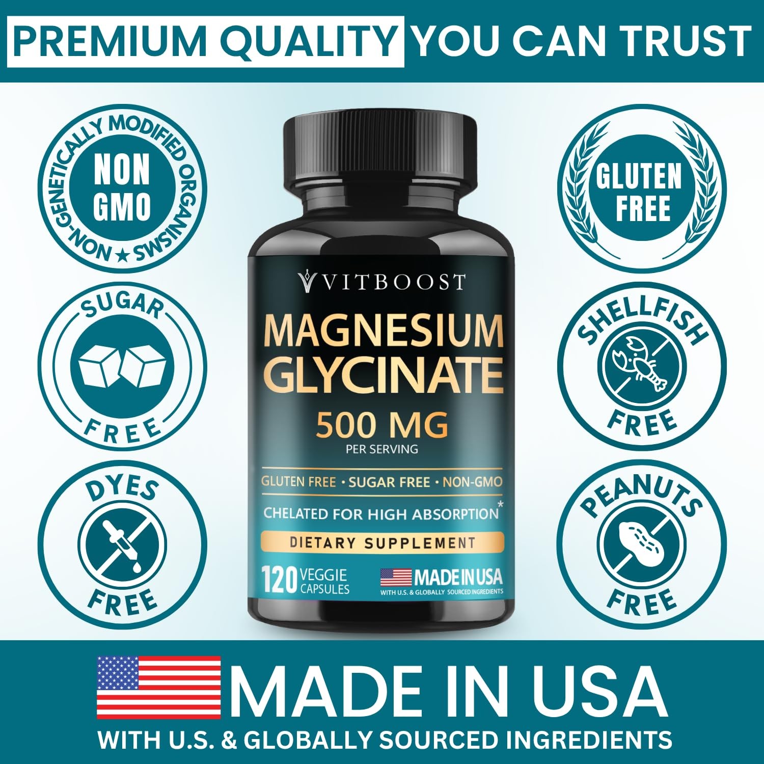 VITBOOST Magnesium Glycinate 500mg – High Absorption 120 Count (Pack of 1)