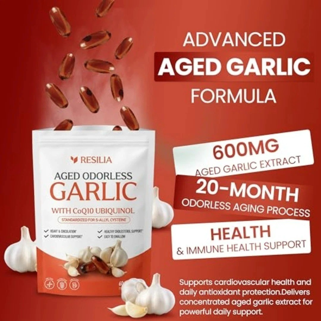 Resilia Garlic Extract 1200mg Softgels (60 Count) – Odorless Aged Garlic Extra..
