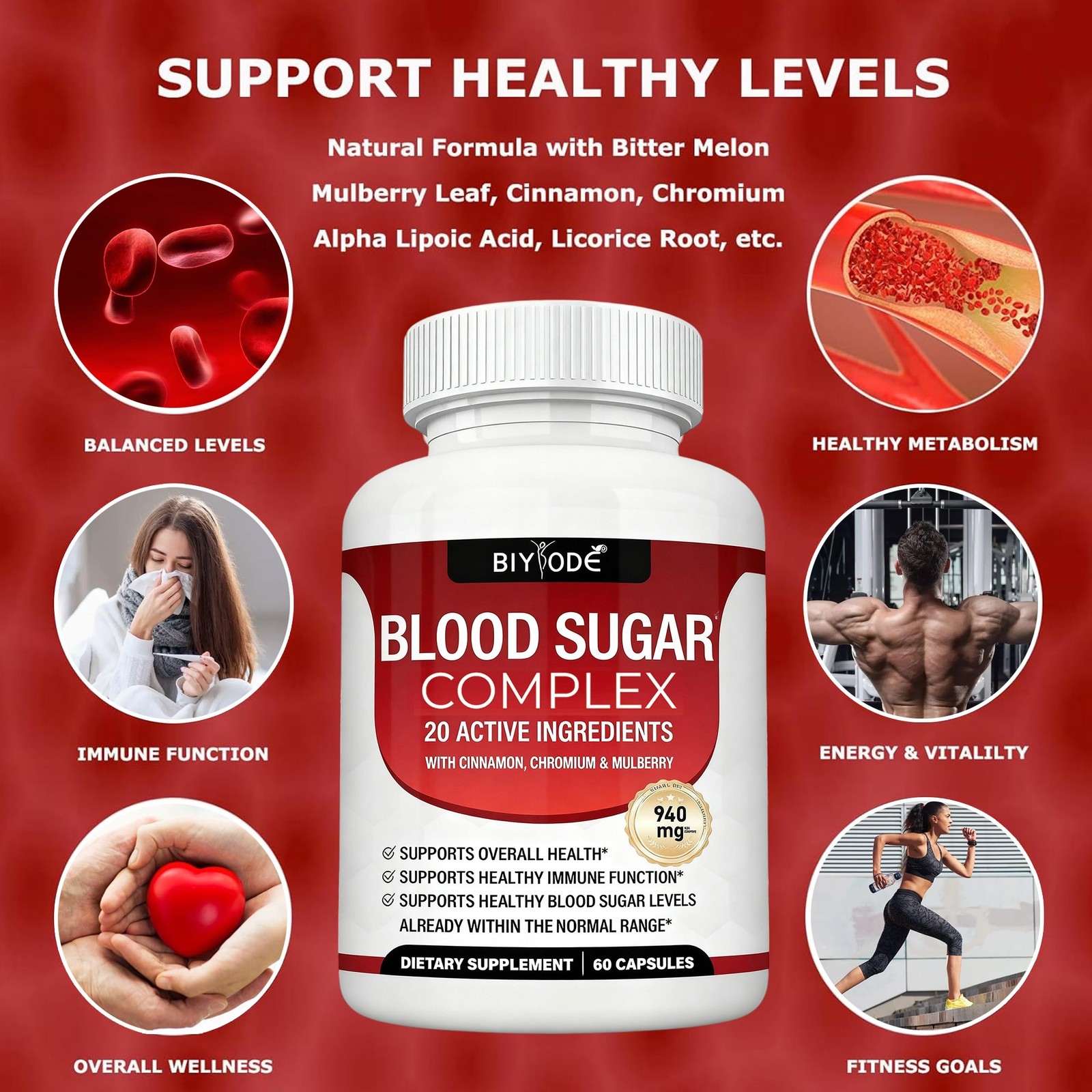 Sugar Blood Complex Supplement Supports Levels, Blood Sugar Healthy 60 Capsules