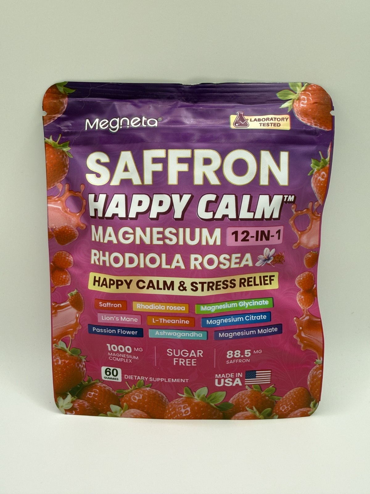 Megneta Saffron Happy Calm Magnesium 12-in-1 Rhodiola Rosea 60 Gummies – New