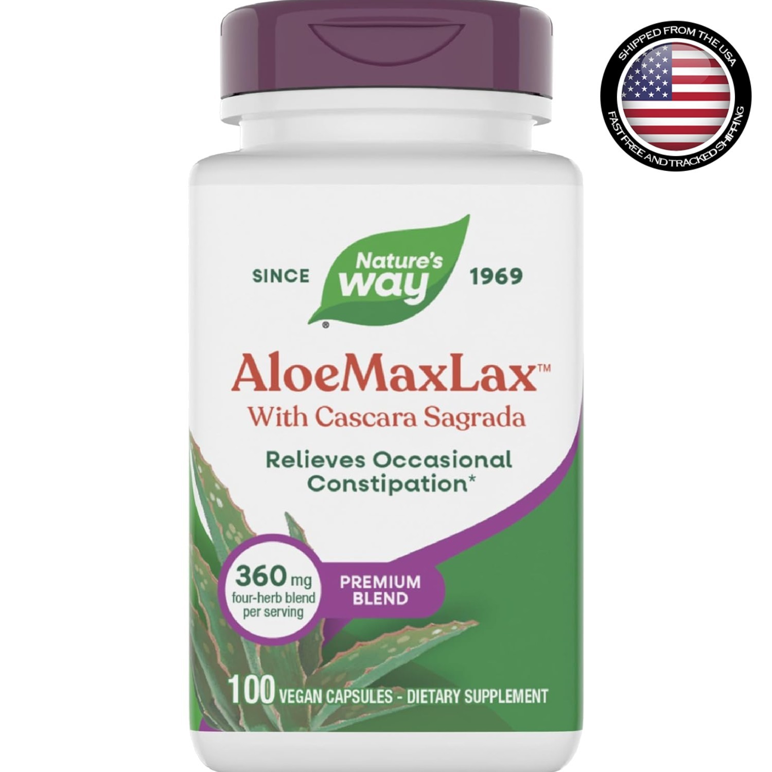 AloeMaxLax Herbal Blend for Digestive Support – 360 mg, 100 Capsules