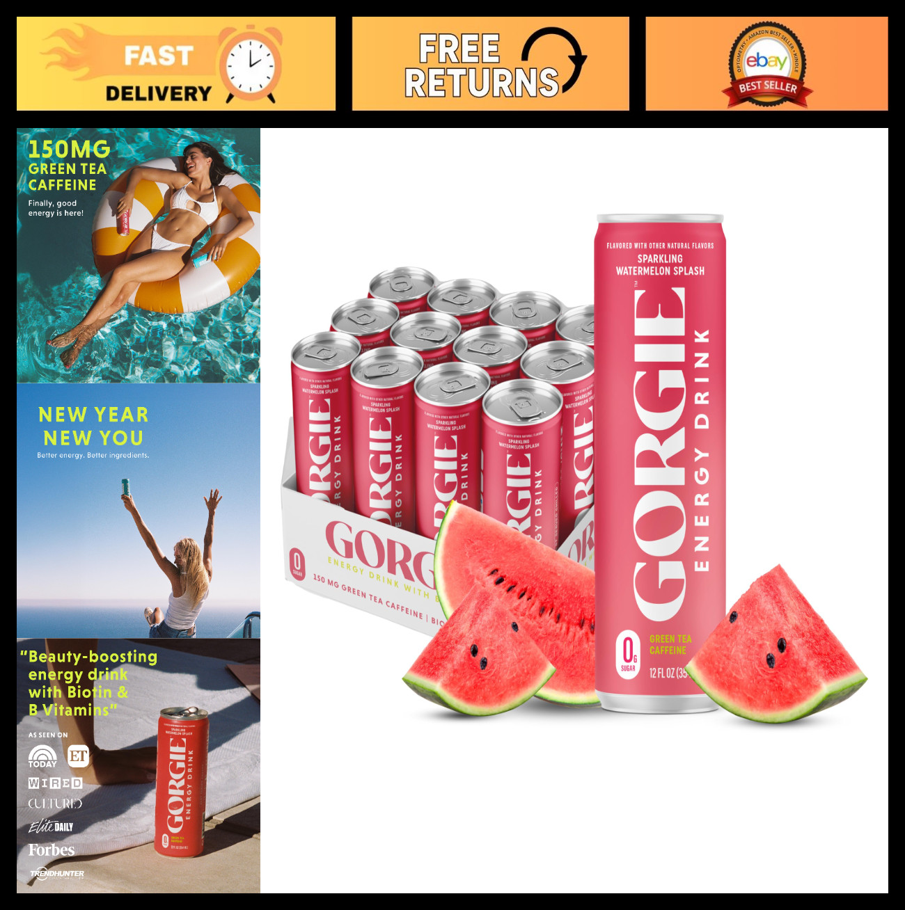 Sugar Free Energy Drinks 12 Pack – Sparkling Watermelon Crush, Vegan, Low Calori