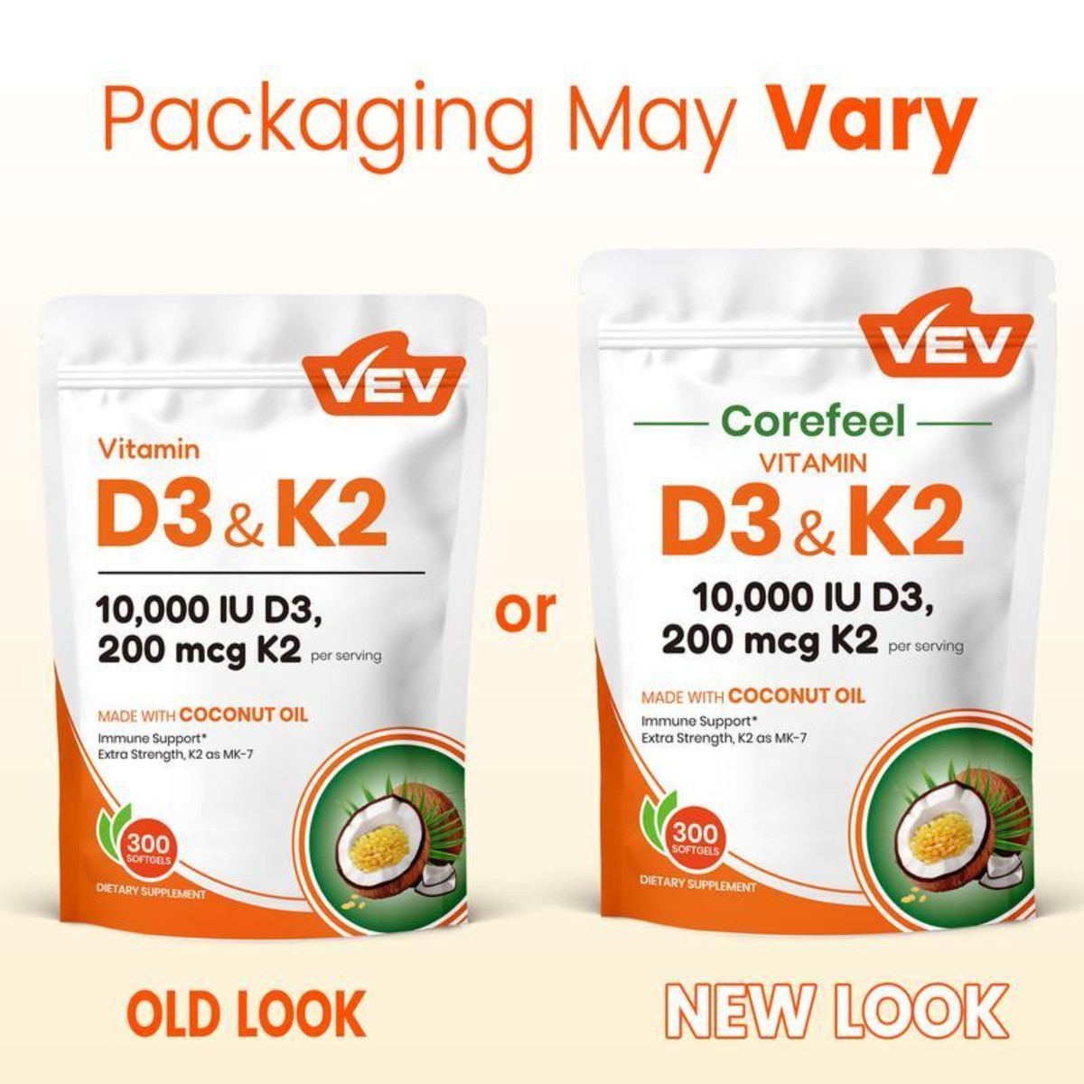 NEW VEV Vitamin D3 K2 10000 IU, 300 Coconut Oil Softgels, 2-in-1 D&K Supplement